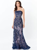 Front view of Montage 118961 navy blue and nude metallic lace mother of the bride dress