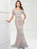 Front view of Montage 118961 silver and nude metallic lace gown with coordinating shrug