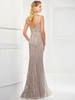 Back view of Montage 118975 stone metallic lace fit-and-flare gown