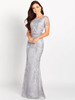 Silver beaded gown with short detachable illusion sleeves and sheer embellished overlay