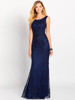 Navy sleeveless evening gown with tonal beadwork and curve-hugging fit