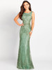 Sage beaded gown with bateau neckline and fitted silhouette