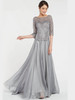 Lace bodice with bateau neckline pairs beautifully with a flowing chiffon skirt