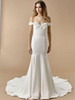 Sleek off-shoulder gown features 3D floral neckline and a softly flared trumpet silhouette