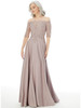 Front view of blush Morilee 72220 lace mother dress with crepe skirt