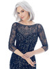 Close-up of navy Morilee 72232 illusion neckline and beaded bodice