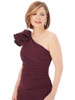 Close-up of wine Morilee 72235 ruffled shoulder and ruched bodice
