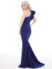 Back view of sapphire Morilee 72235 crepe mother dress with ruffle shoulder