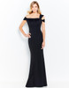 Sleek black gown with asymmetric off-shoulder neckline and column silhouette