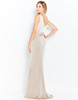 Soft V-back and seamless drape accent this embroidered waistline sheath