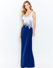 Two-tone navy and ivory gown with embroidered floral waist and V-neckline