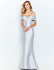 Off-shoulder silver satin gown with wrapped neckline and smooth trumpet skirt