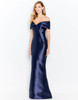 Elegant navy gown with off-shoulder pleated fold and figure-flattering silhouette