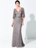 Front view of Ivonne D 220D29 dark gray guipure lace mother dress with three-quarter sleeves