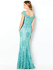 Sheer scoop back and elegant embroidery highlight the flowing lace train