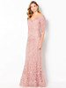 Blush lace gown features detachable sheer sleeves and allover embroidery with soft shimmer