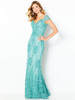 Aqua lace gown with sweetheart neckline and cap sleeves sparkles with tonal beading