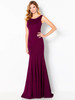 Figure-flattering merlot gown with wide straps and smooth tailored structure