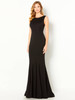 Classic black crepe gown with bateau neckline and sleek trumpet silhouette.