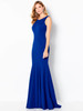 Vibrant blue stretch gown with clean lines and soft godet hem for graceful flow