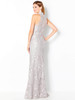 Illusion mesh back with full embroidery enhances the sleek column silhouette