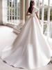 Ball gown featuring a dramatic one-shoulder design and full train with buttons