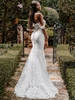 Back view of 9860 floral lace train and sheer bodice dress