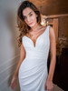Close-up F221051 V-neckline and asymmetrical draped waist wedding dress