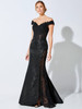 Front view of Ivonne D 221D51 black sheath mother dress with lace modesty panel