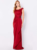 Satin gown in wine red with pleated bodice, jeweled waist, and cascading drape