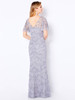 Illusion V-back and flutter sleeves complete this softly beaded sheath silhouette