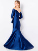 Back view of navy Cameron Blake 221686 trumpet gown with three-quarter sleeves