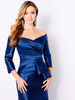Structured pleats and satin shine create a flattering, modern off-shoulder look