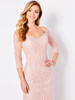 Close-up of Cameron Blake 221688 V-neck lace bodice with off-the-shoulder sleeves