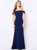 Navy gown with square neckline, beaded straps, and off-shoulder draped sleeves