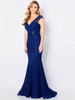 Royal blue lace gown with cap sleeves, V-neckline, and beaded waist detail