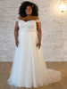 Soft tulle A-line gown with ruched off-shoulder straps and lace bodice