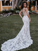 Back view of 9955 fit and flare dress with floral lace train