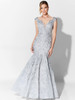 Front view of Ivonne D 122D66 silver lace mother dress with embroidered appliqués