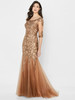Front view of Montage 122901 bronze embroidered lace fit-and-flare gown