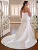 A row of satin buttons and structured seams sculpt this strapless fit-and-flare gown into timeless elegance