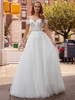 Front view of Morilee Joaquina 2503 wedding gown with off-the-shoulder lace bodice and flowing tulle skirt. Front view of Morilee Joaquina 2503 wedding gown with off-the-shoulder lace bodice and flowing tulle skirt.