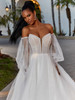 Front view Madison 2536 detachable bishop sleeves and pearl beaded dress