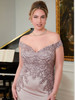 Close-up of dusty lilac Morilee 71616 embroidered off-the-shoulder bodice