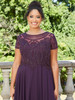 Close-up of eggplant Morilee 71824 beaded embroidered bodice and short sleeves