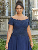 Close-up of navy Morilee 72133 beaded lace bodice and off-the-shoulder neckline