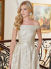 Close-up of champagne and gold Morilee 72712 off-the-shoulder bodice