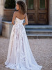 Back view of A1102 lace and tulle dress with covered buttons and train