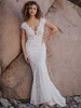 Front view of A1151 fitted lace dress with cap sleeves and V-neckline