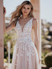Detail view of A1157 dress with plunging neckline and beaded waistband